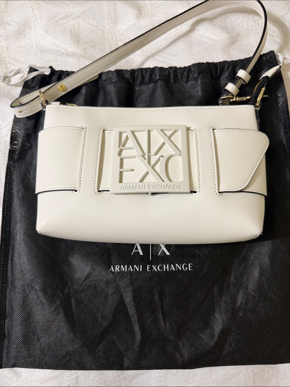 Armani Exchange Cream Shoulder Bag with Logo Plaque